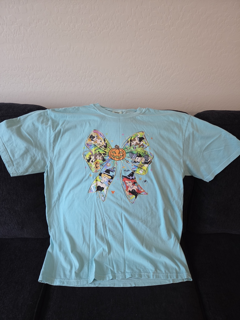Comfort Colors Light Blue Graphic Bow Tee with Halloween Pumpkin